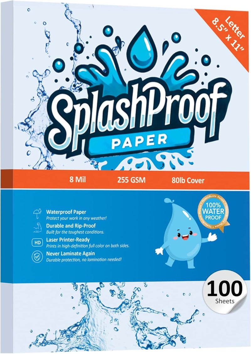 Printer Paper - 8.5" x 11", 8 Mil Waterproof Paper, Laser Printer & Copy Machine Compatible (Letter - 8.5" x 11", 100 Sheets)